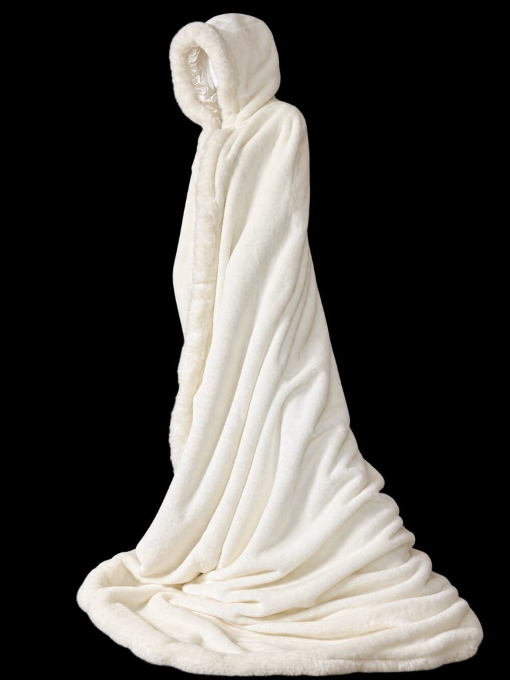LUX Ivory Faux Fur Hooded Cape Cloak Extra Long Costume Cosplay or Bridal